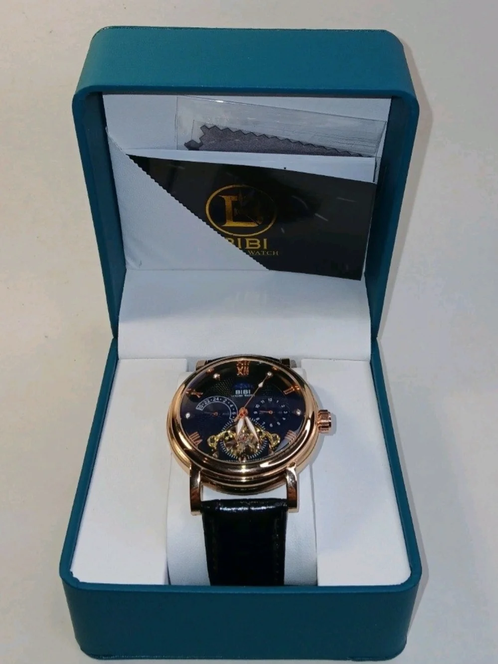 ​BiBi Luxury Automatic Mens Watch Rose Gold Skeleton Open Heart Black Leather...
